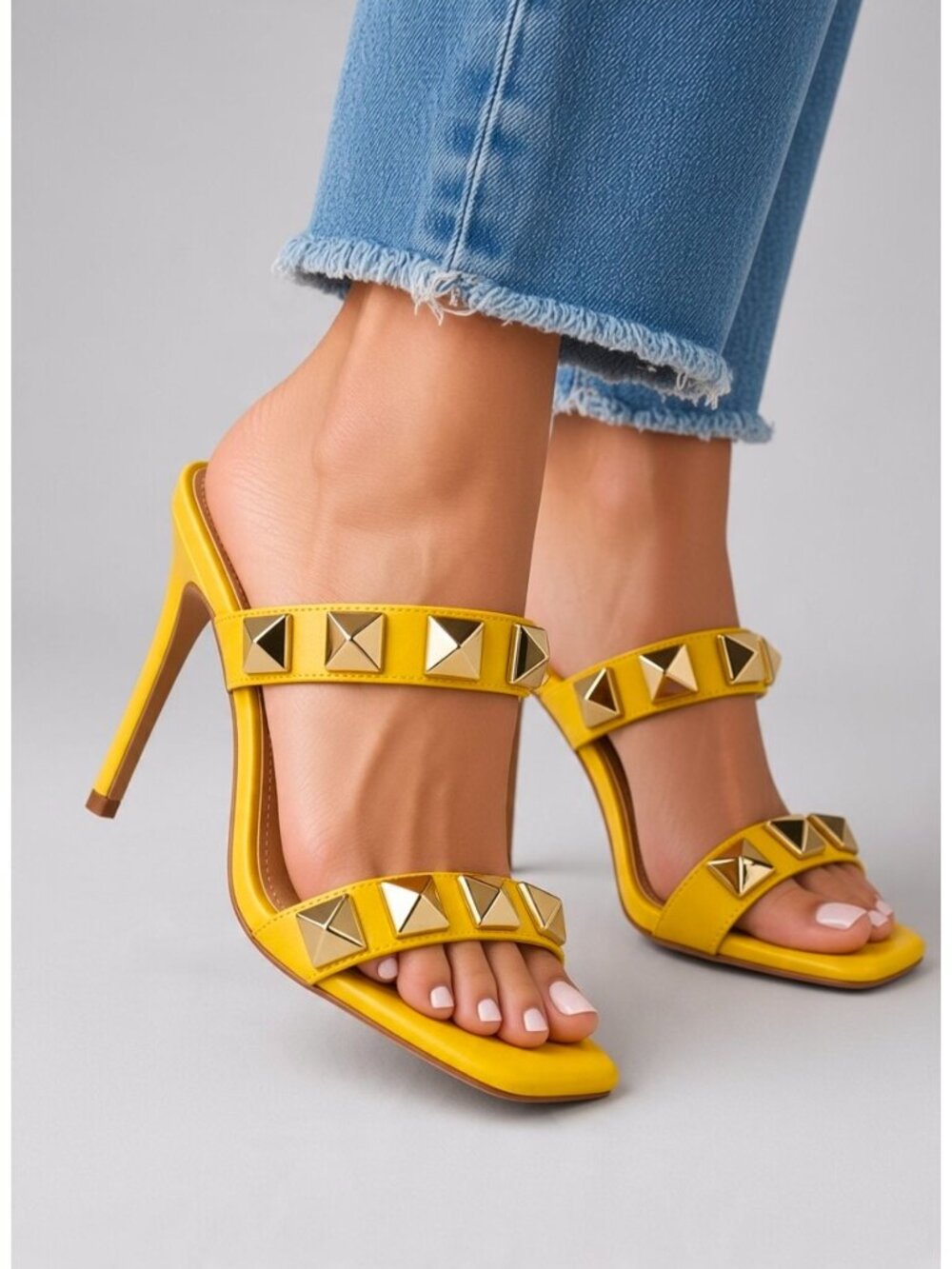 Yellow Gold Studded Double Strap Square Toe Stiletto Heel Mule Sandals